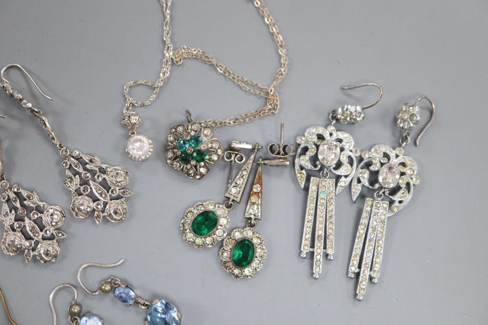 A quantity of white metal earrings and studs including paste and amethyst.